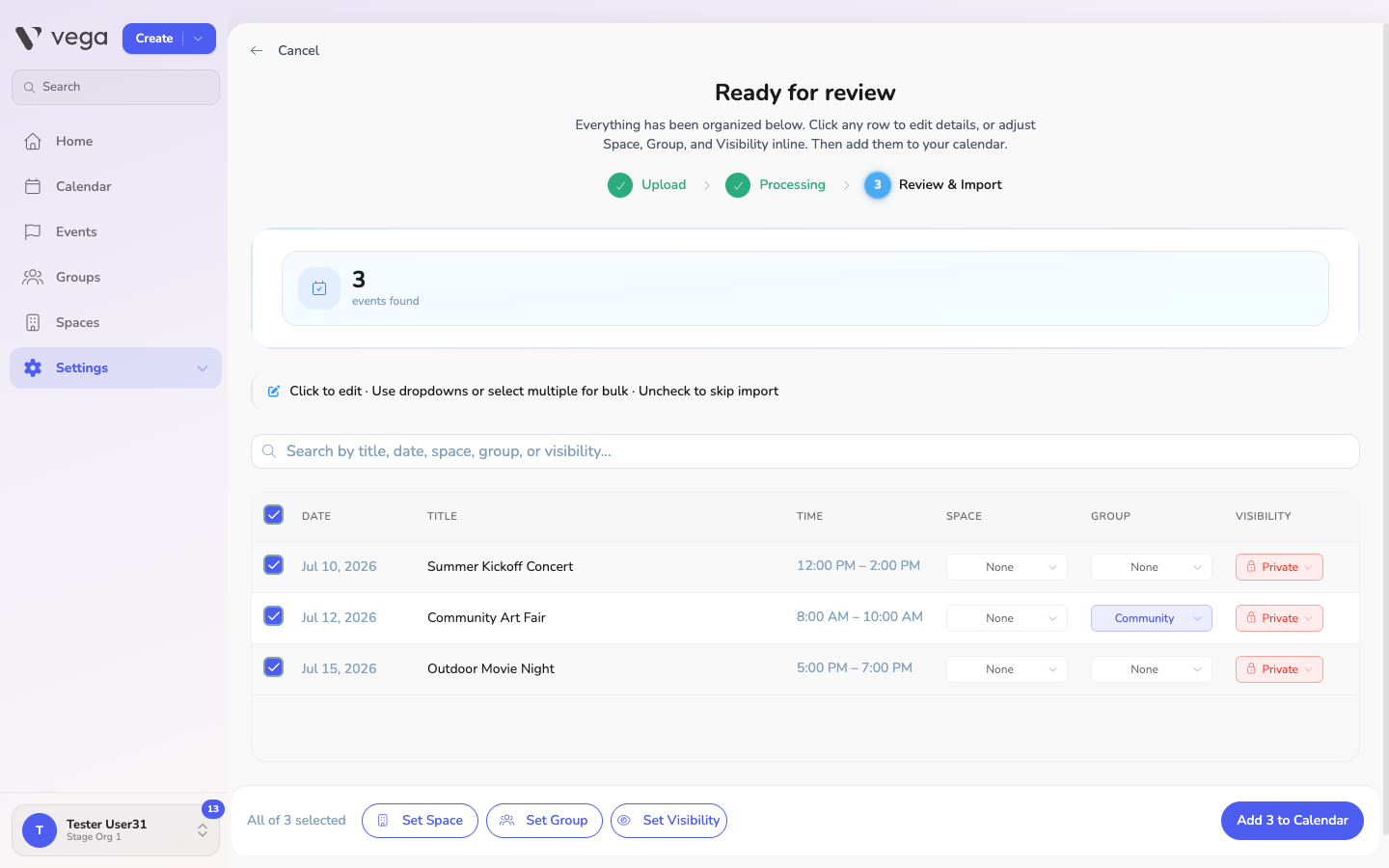 Imported calendar details ready for review
