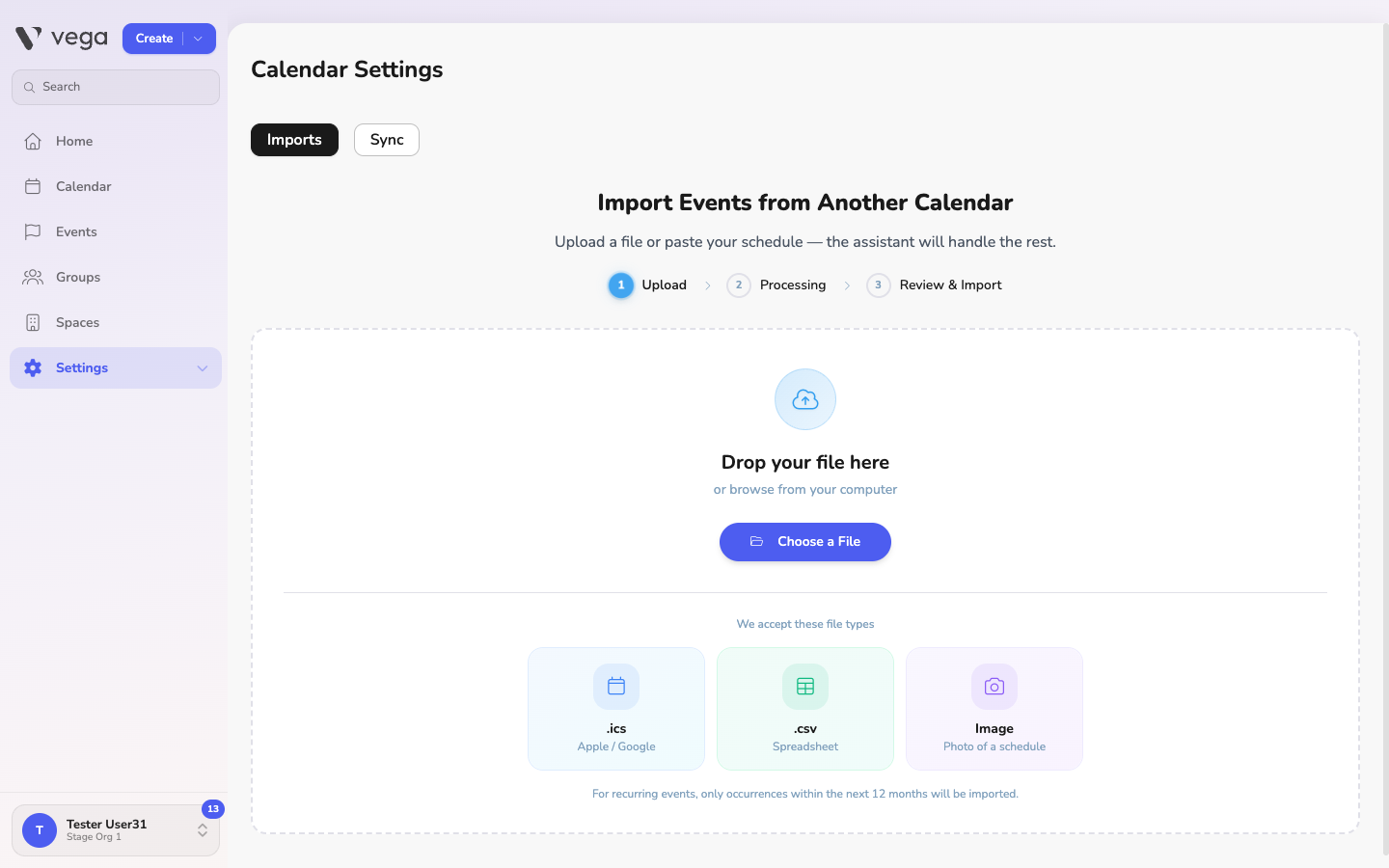 Importing Calendar page