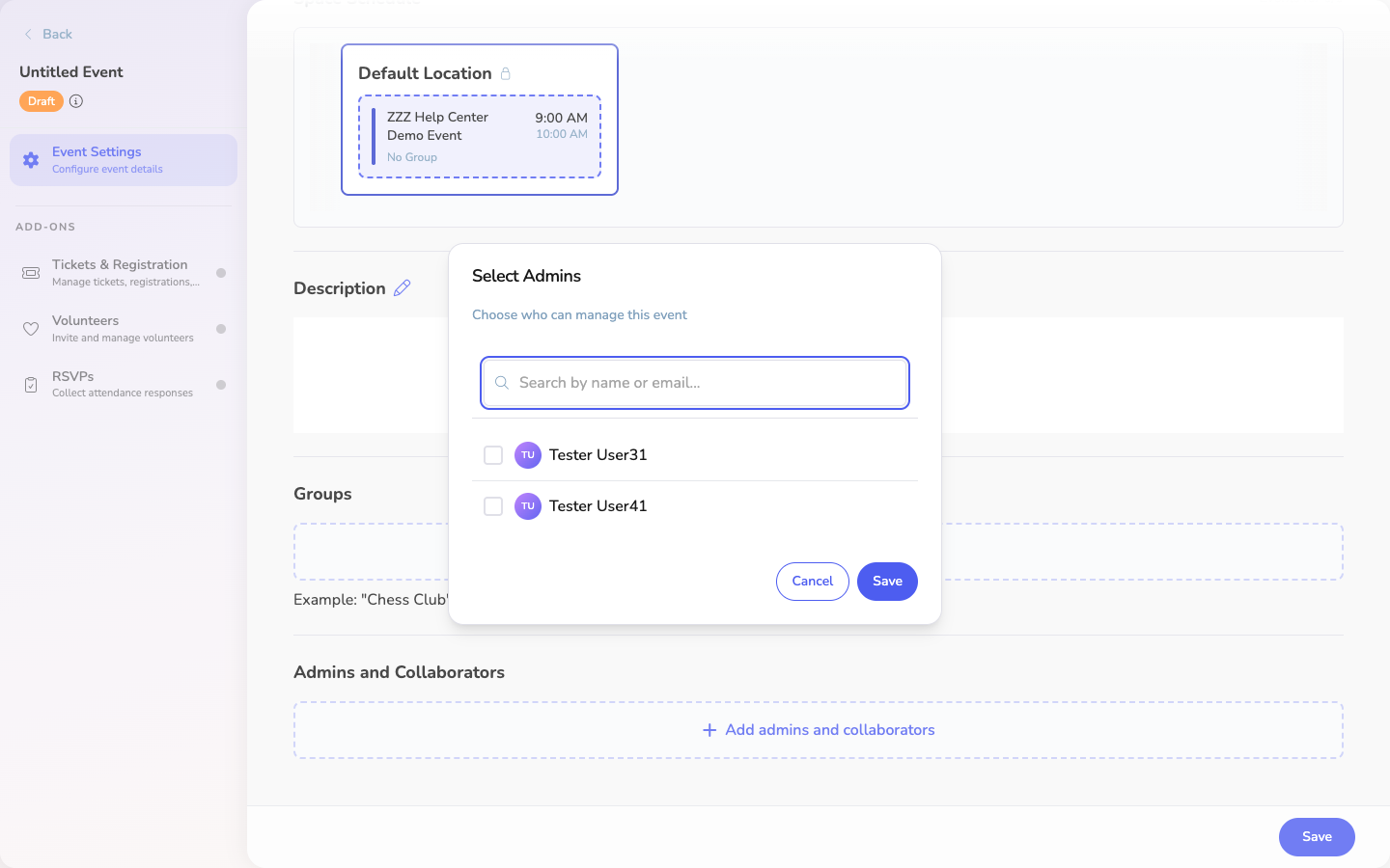 Adding an admin to the event