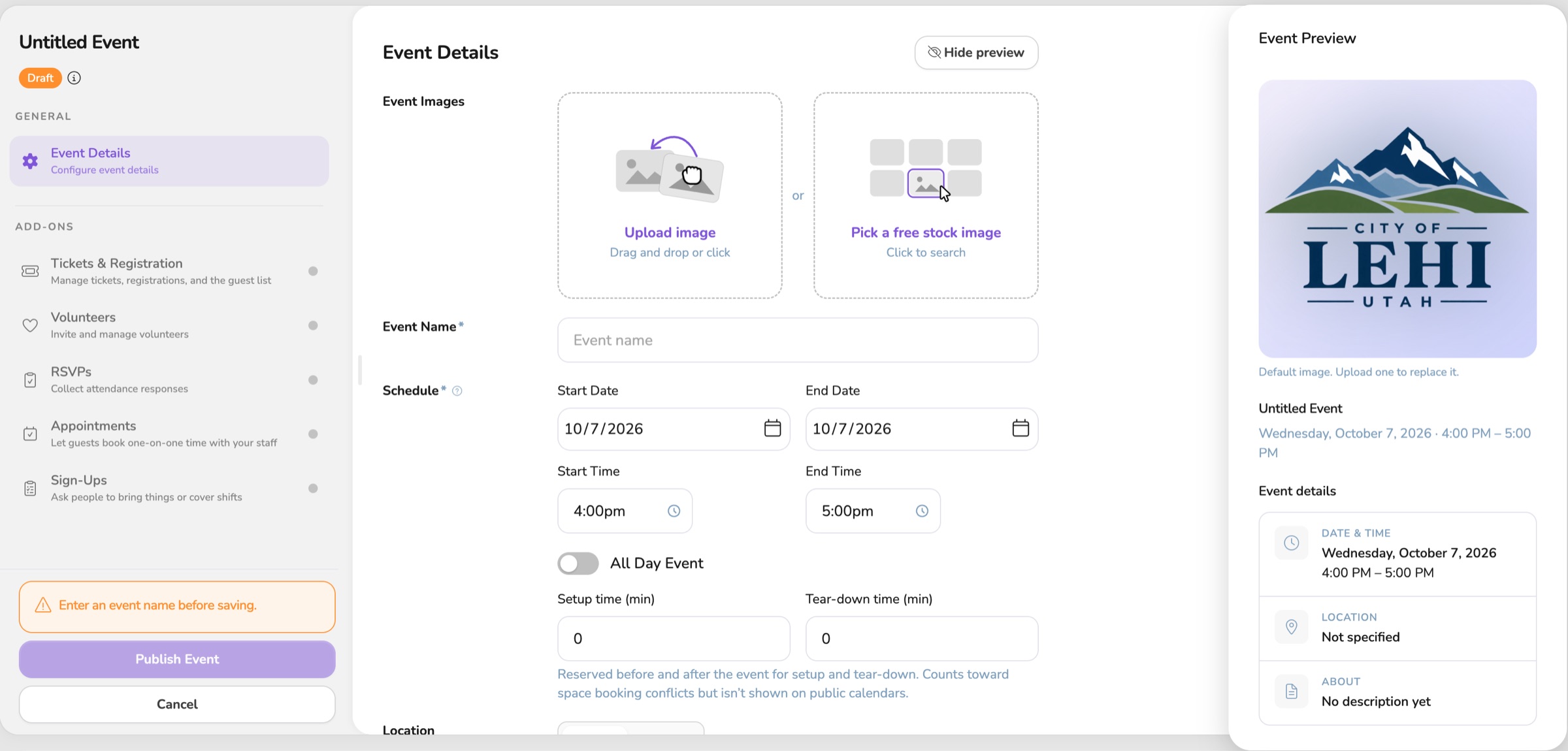 Empty event creation form with a live event preview