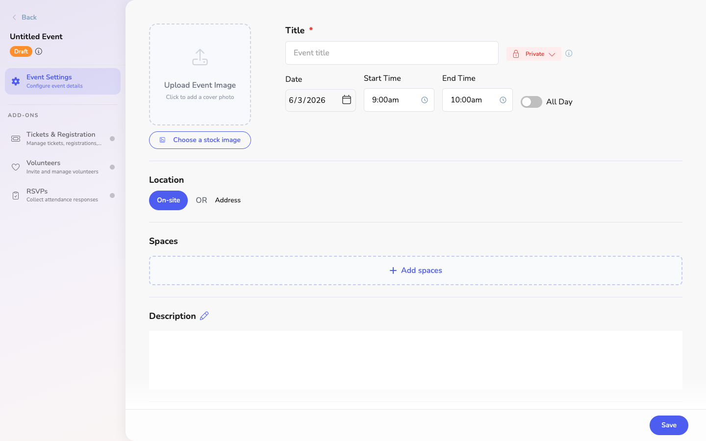 Empty event creation form