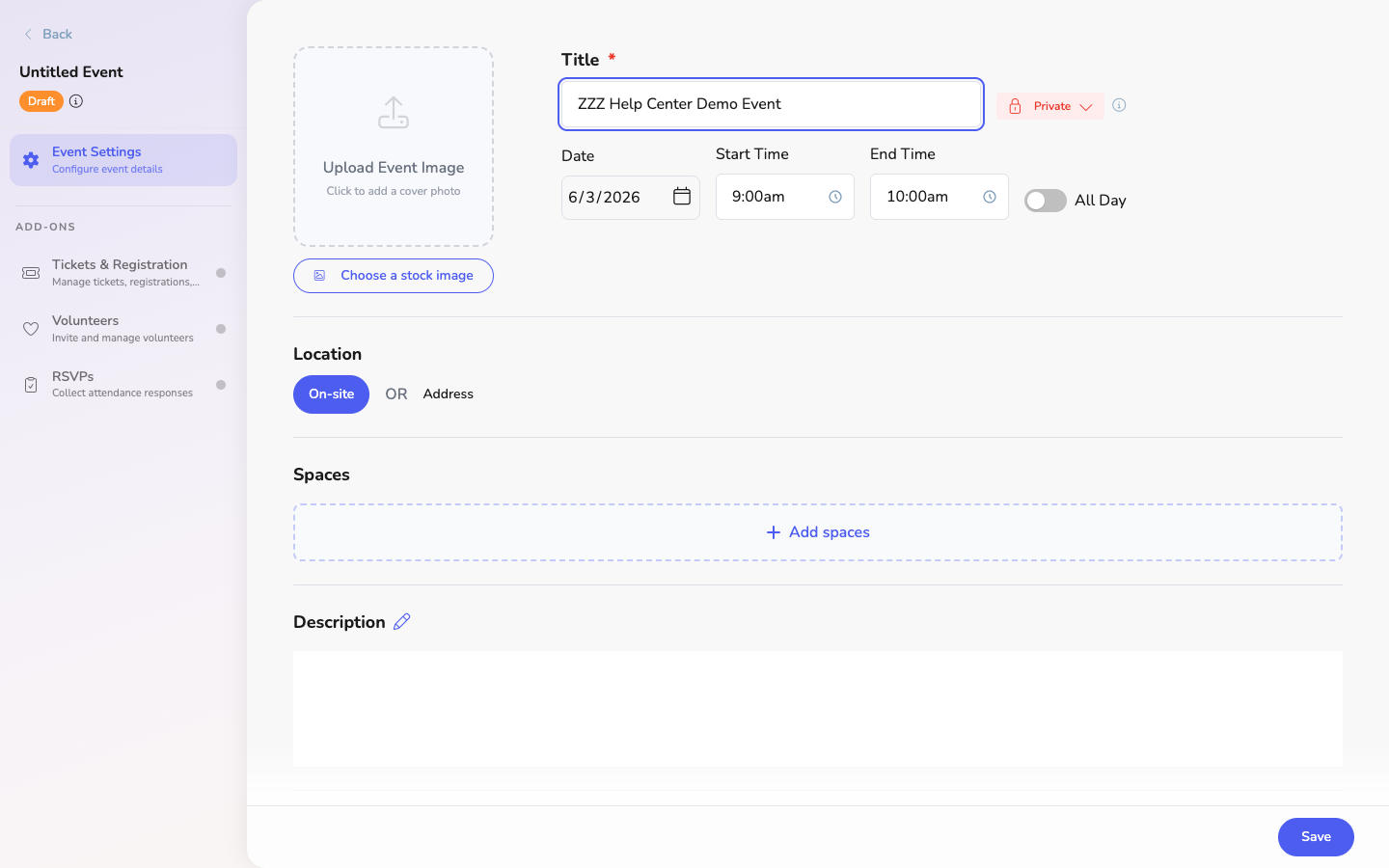 Event form with title filled in