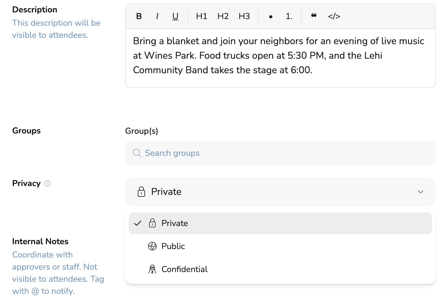 Lower portion of the event form with the description, groups, and privacy options