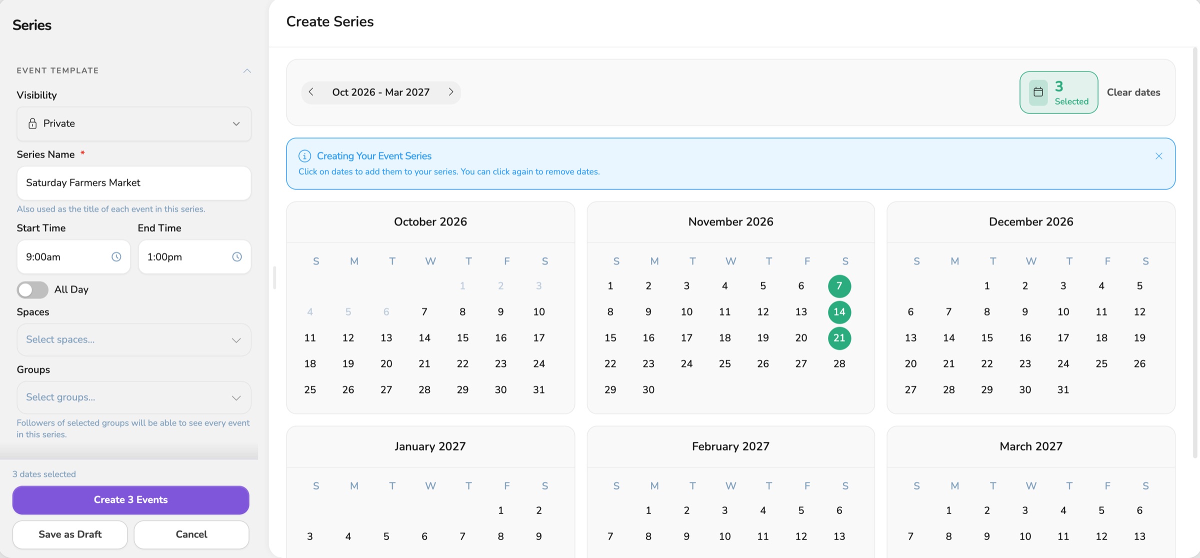Series Creator with the event template and three dates selected