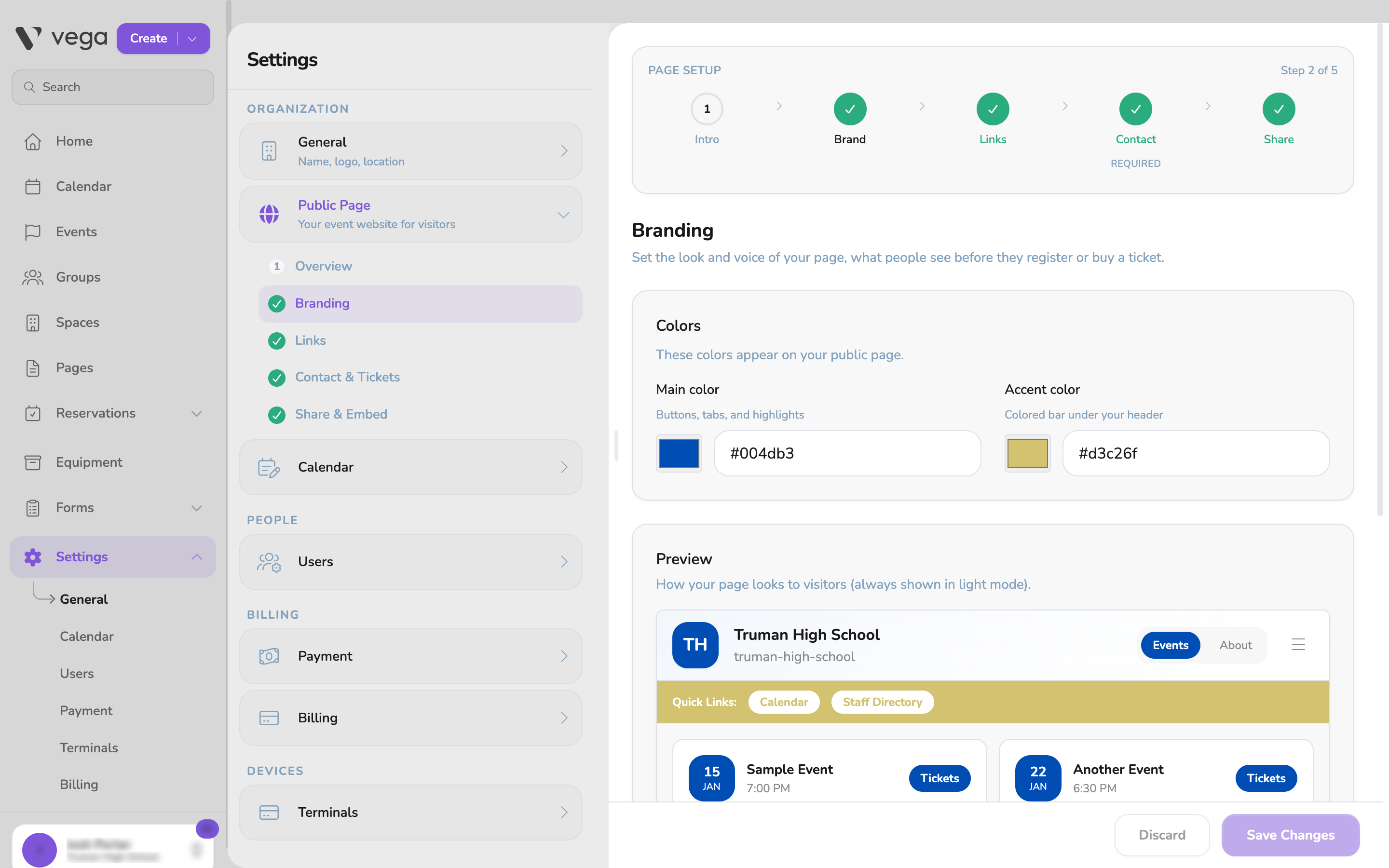 Branding step with Main color and Accent color pickers, and the live preview showing the header and colored bar
