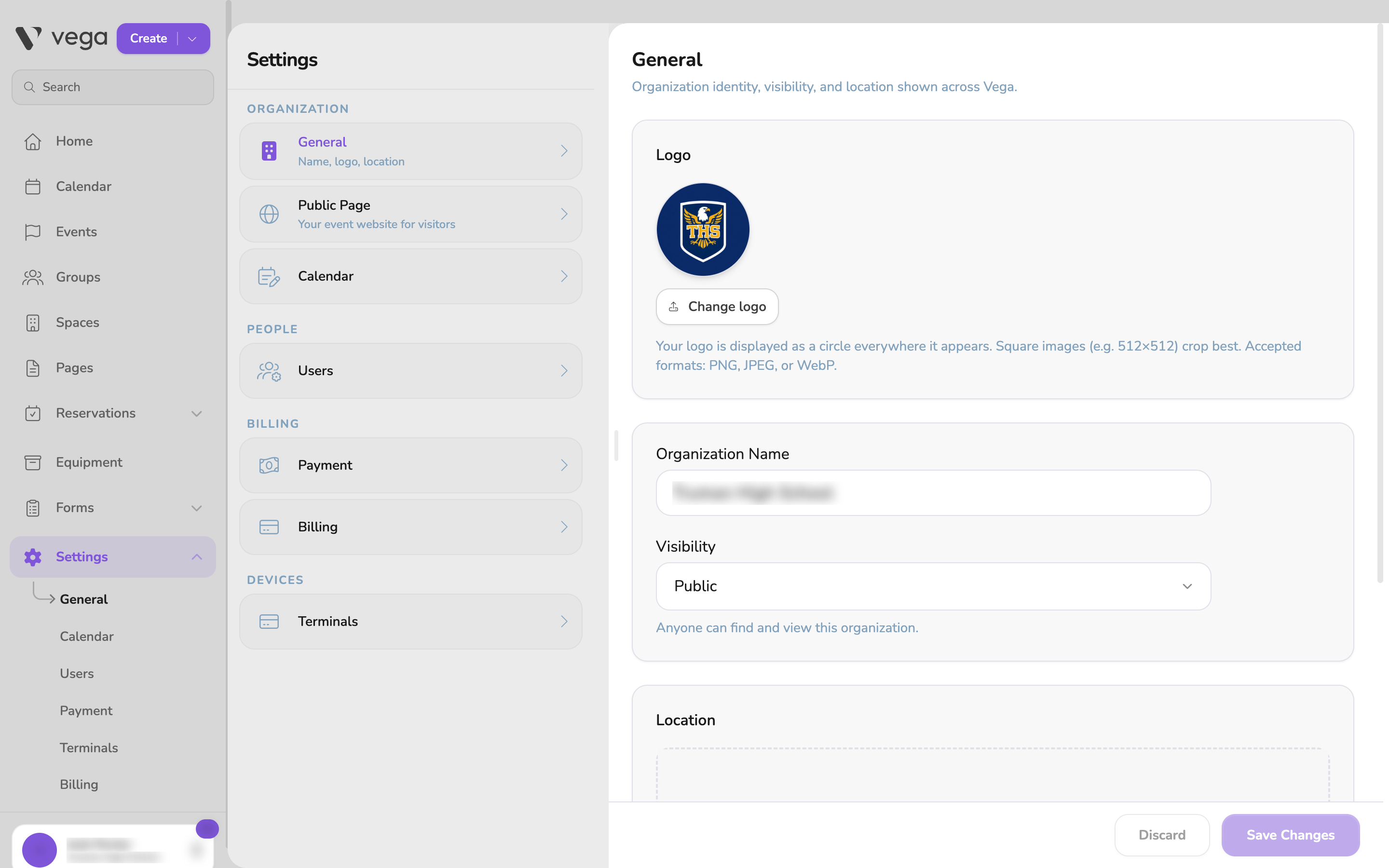 Settings > General page with a logo added, organization name filled in, Visibility set to Public, and a location entered