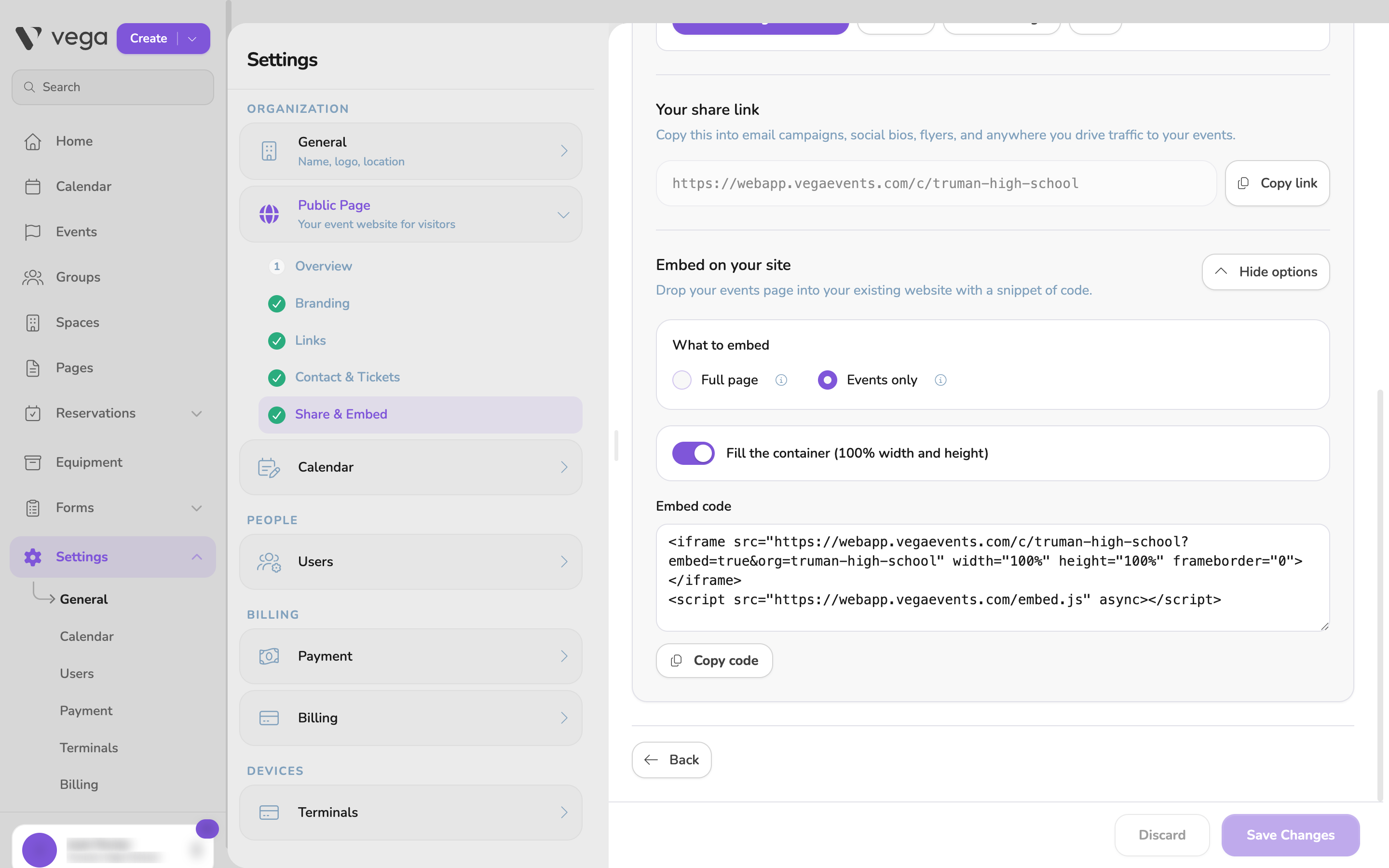 Embed options expanded showing the Full page and Events only toggle, the &ldquo;Fill the container&rdquo; switch turned on, and the generated embed code box