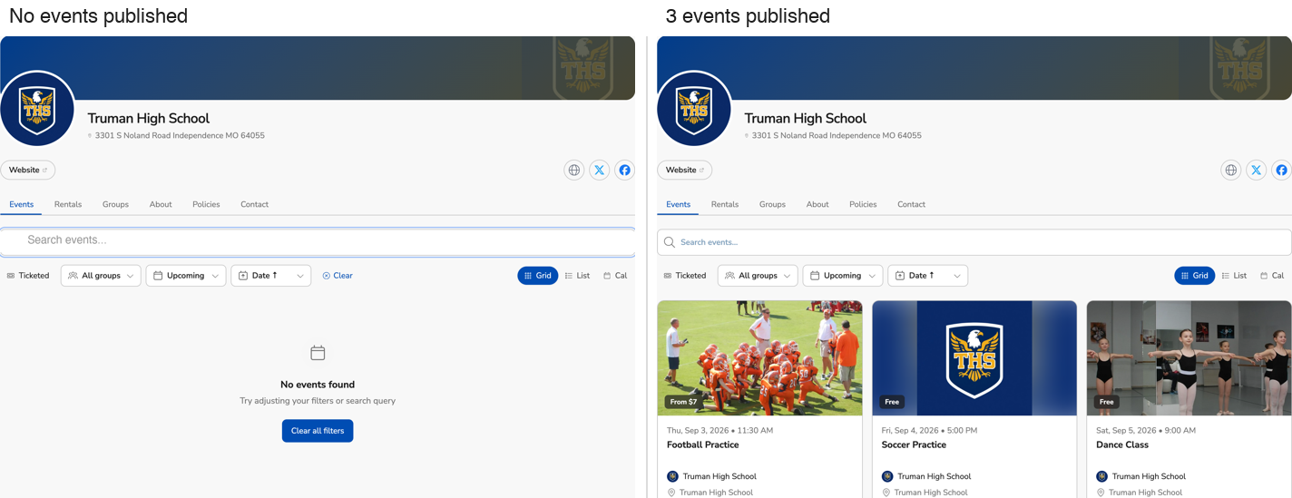 Side-by-side comparison: Events tab with no events looking empty, next to Events tab with three upcoming events looking active