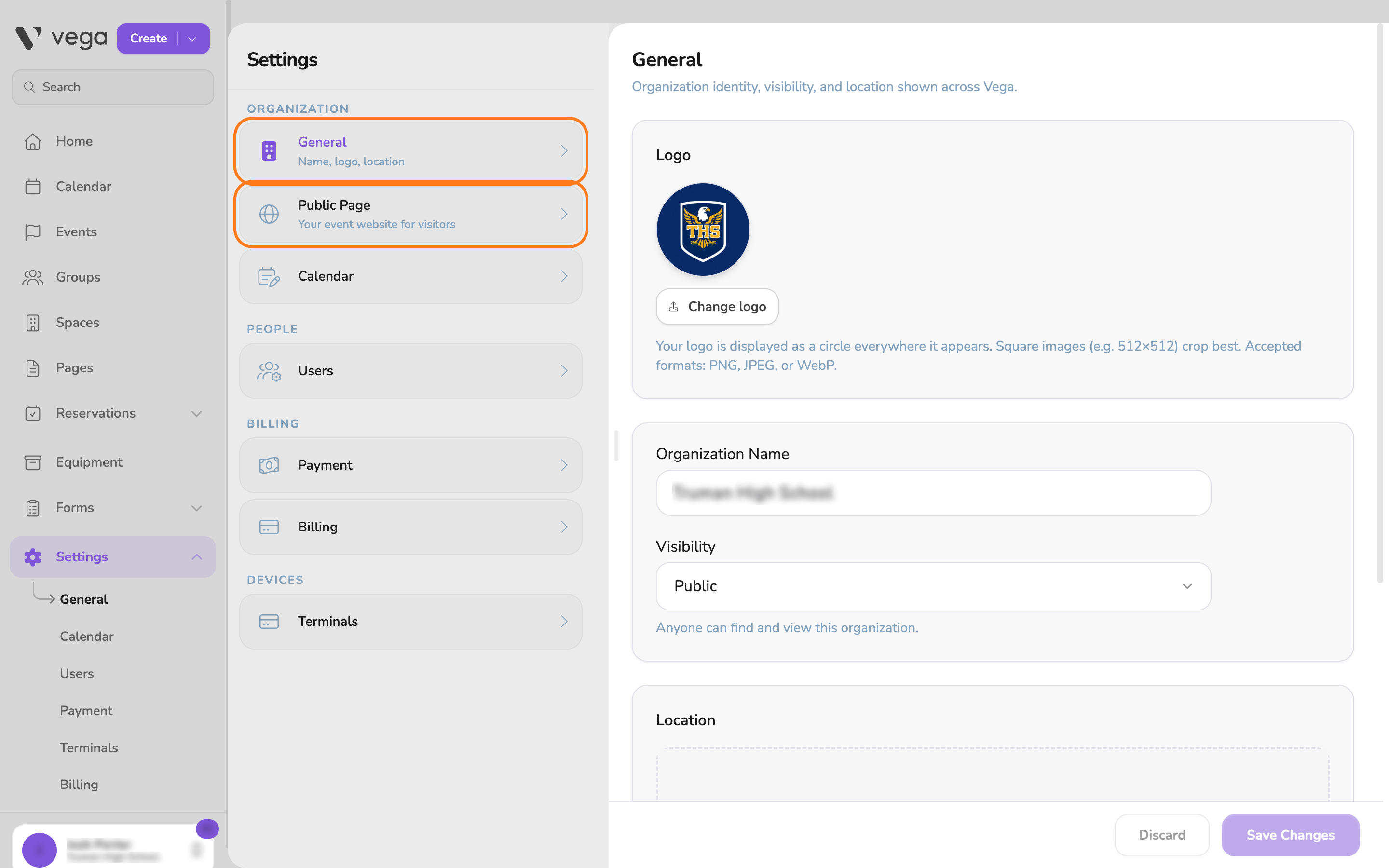 Vega admin sidebar with Settings highlighted, and the General and Public Page entries called out