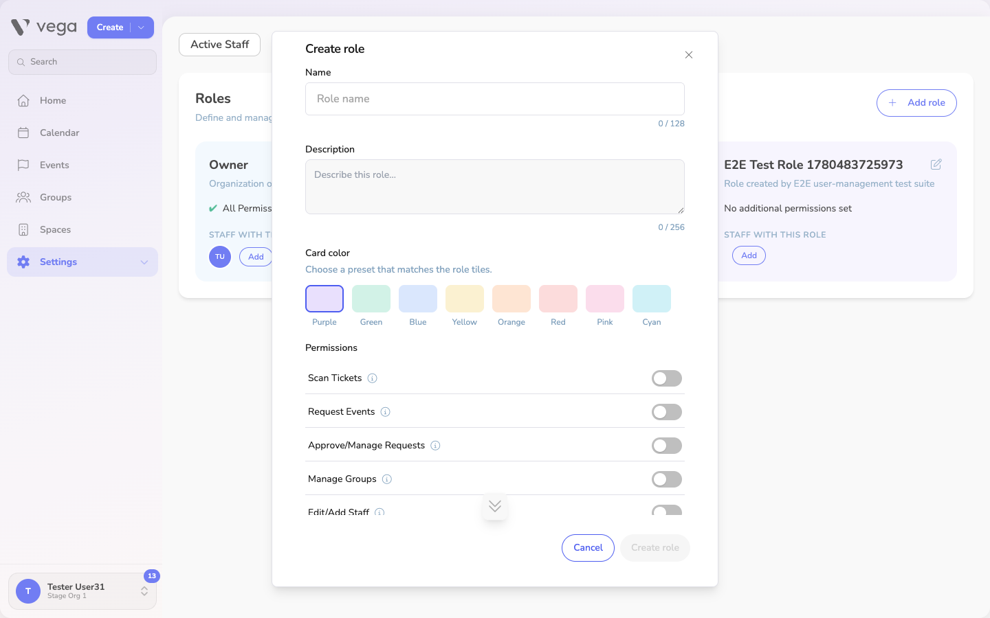 Filling out role details and selecting permissions