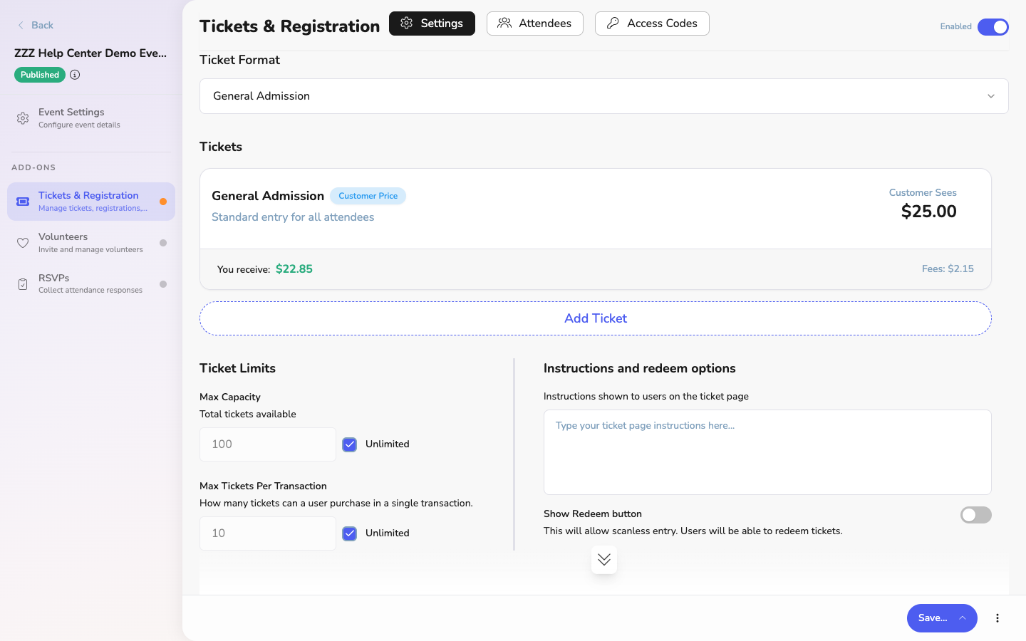 Saved ticketing configuration