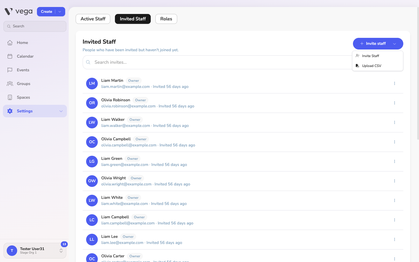 Invite staff menu