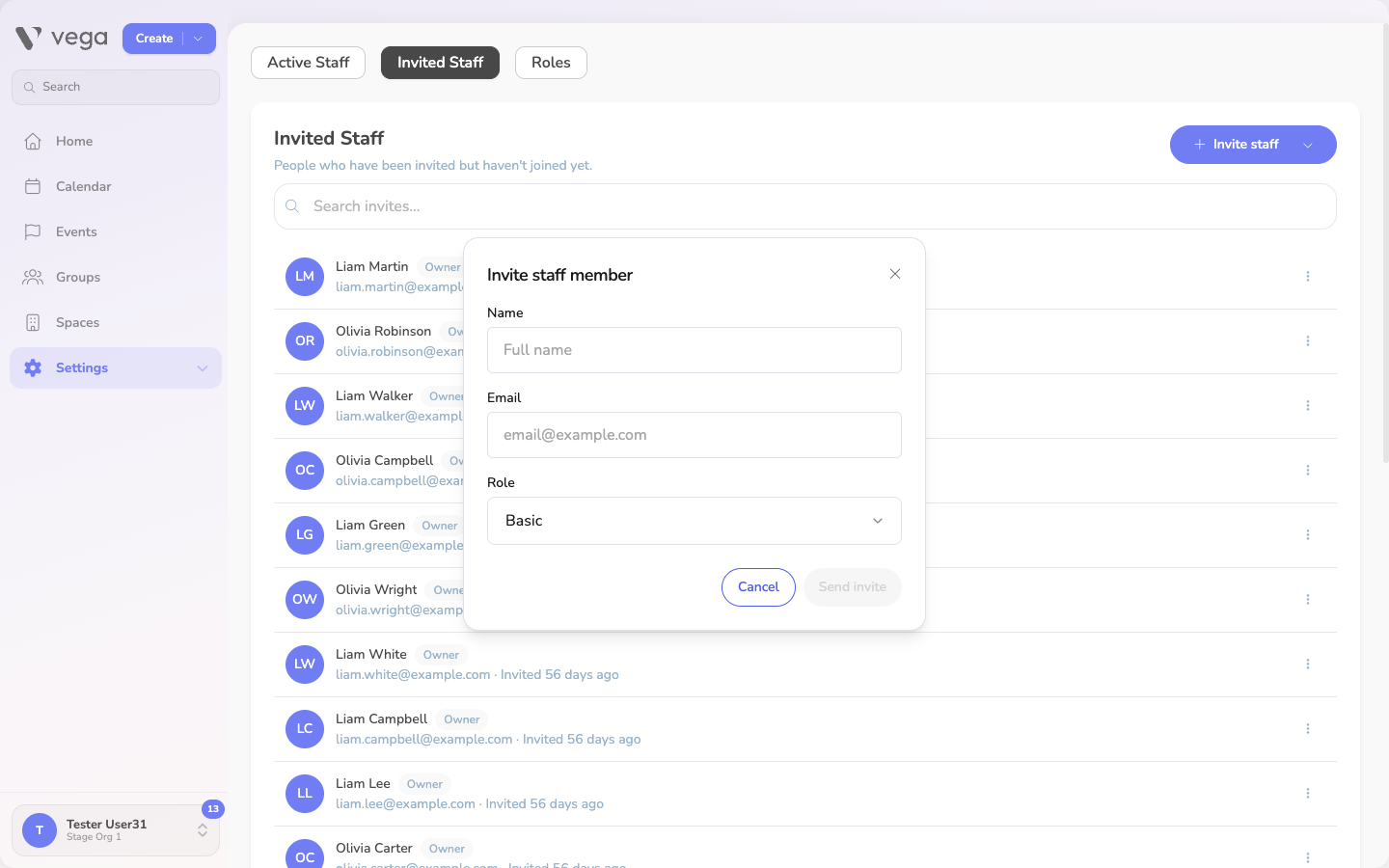 Invite staff member dialog