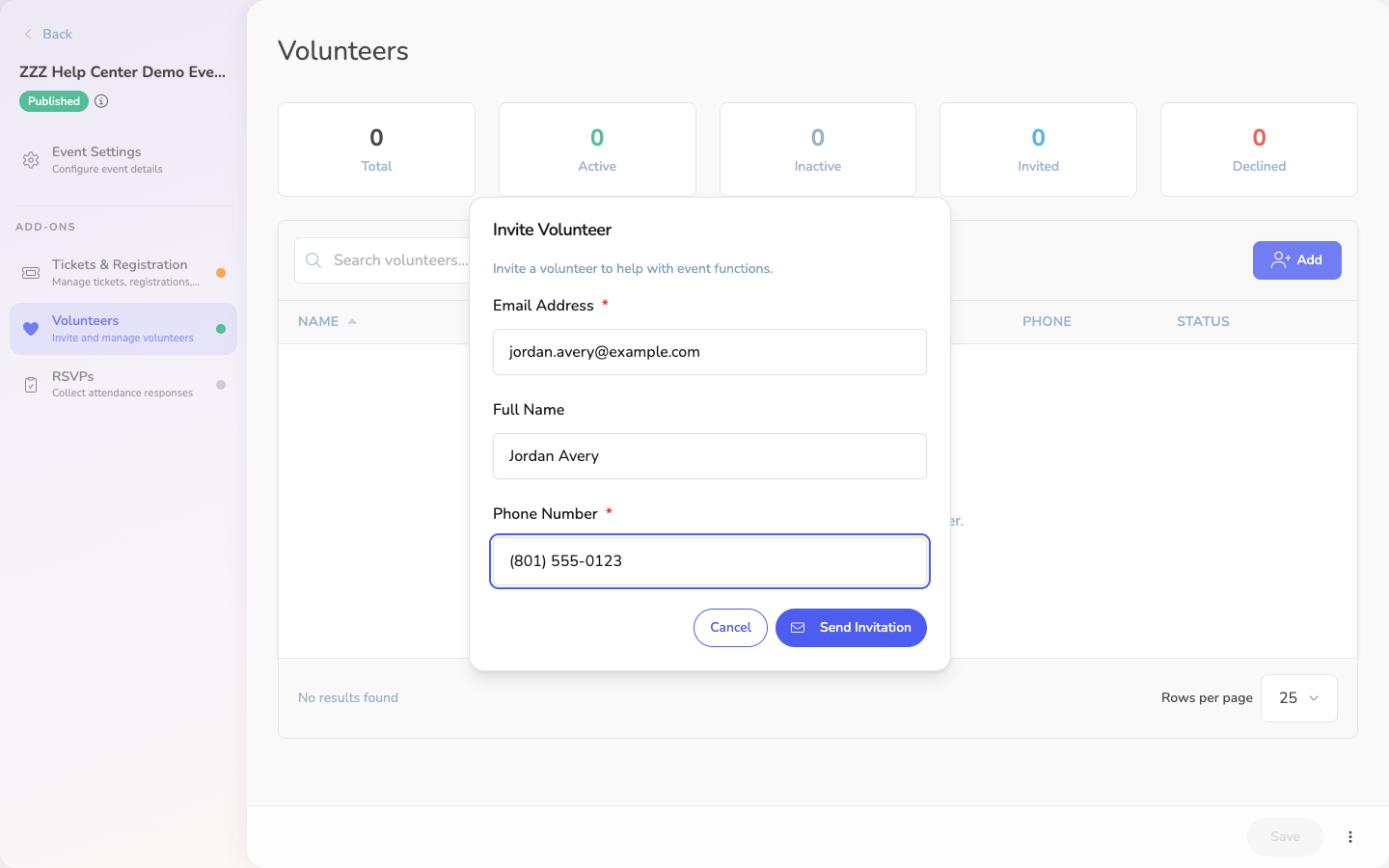 Entering volunteer details