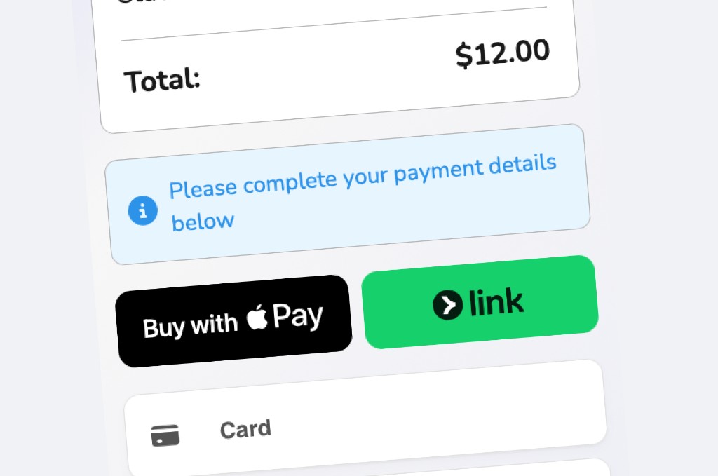 Checkout totaling $12.00, with Apple Pay, Link, and card