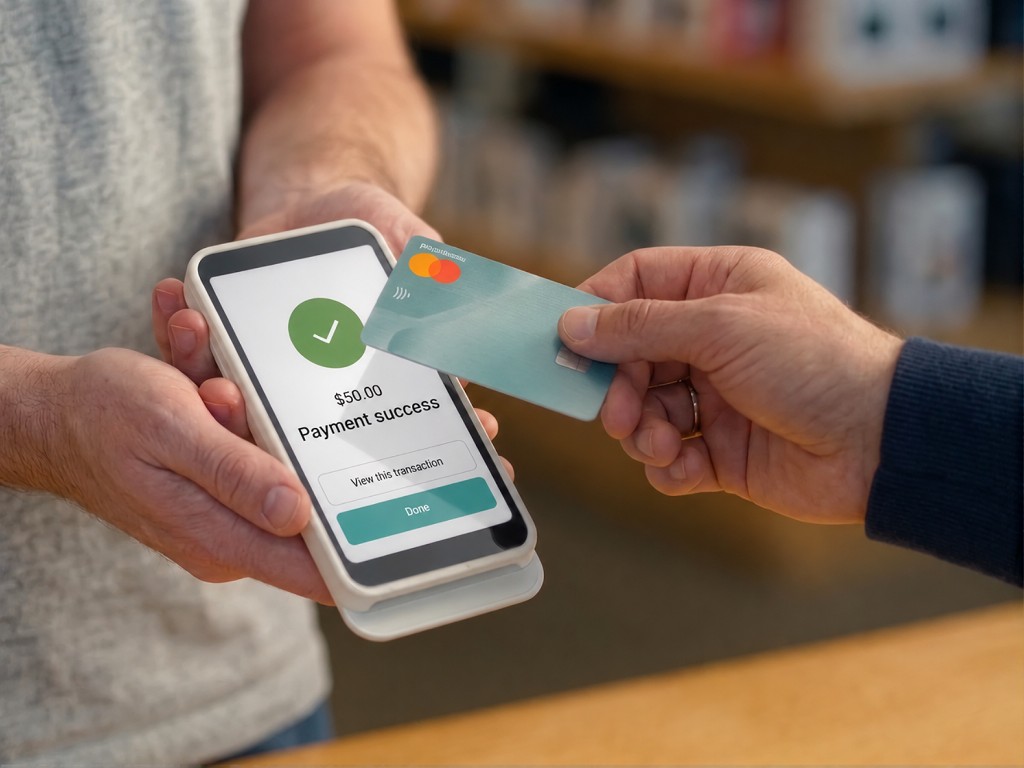 A card tapped on a phone showing a fifty dollar payment success