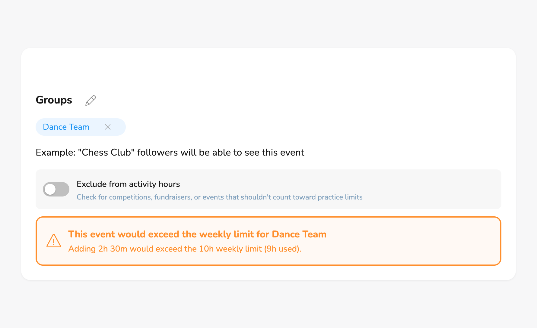 Event editor warning that a session would exceed the weekly activity hours limit for a team