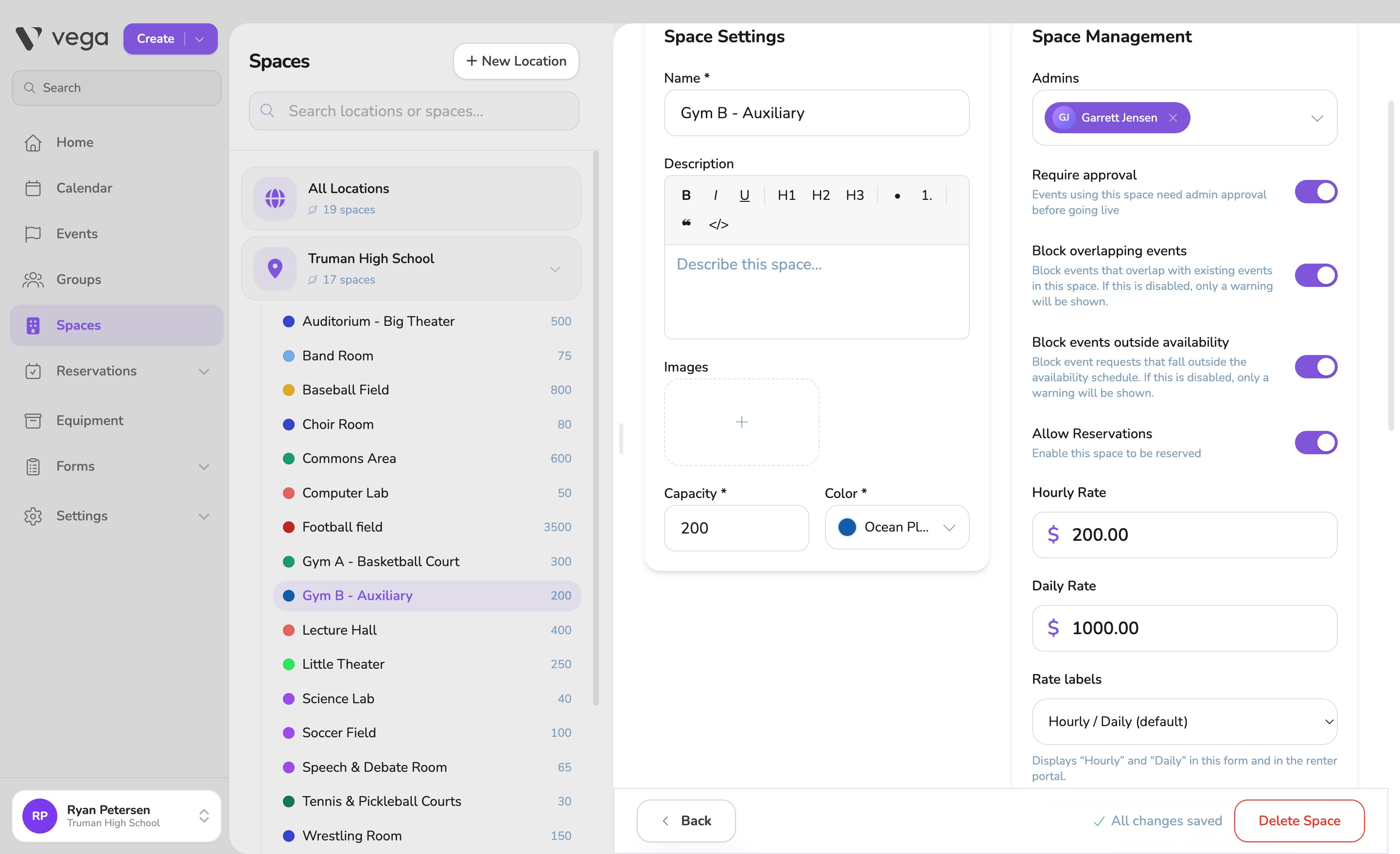 Vega Space Settings: require approval toggle and custom approval flow with in-order approvers