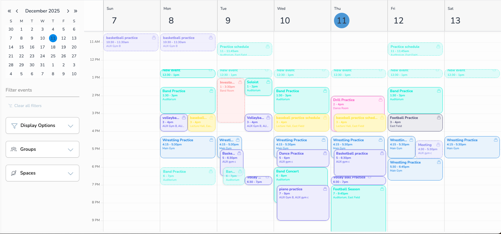 Vega Calendar Interface showing weekly schedule with multiple events