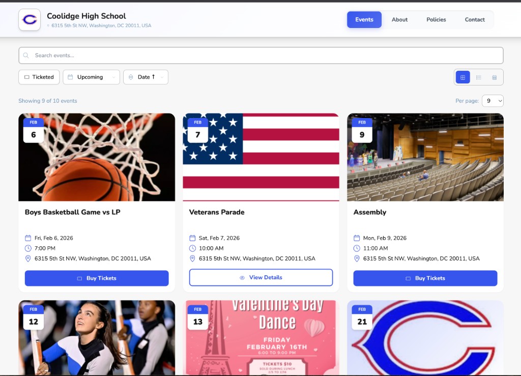 Vega Community Page: branded public page with events, about, and contact