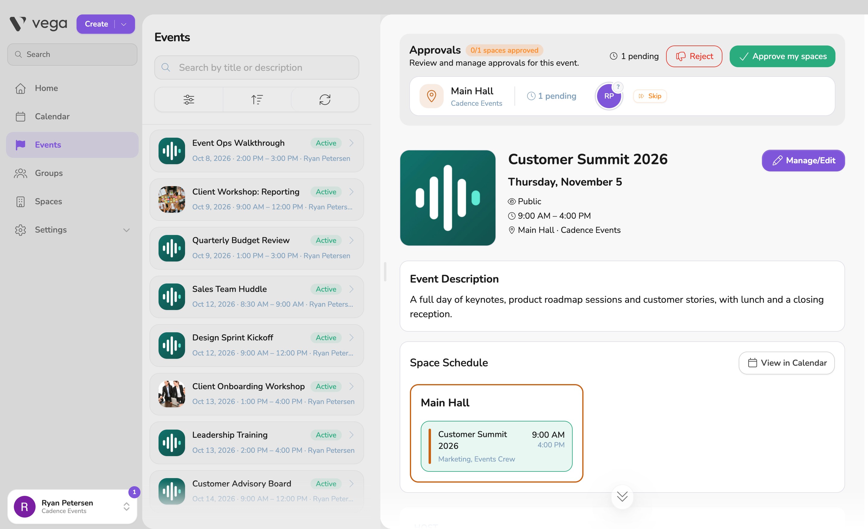 Events list with Customer Summit 2026 selected, including approvals and the space schedule