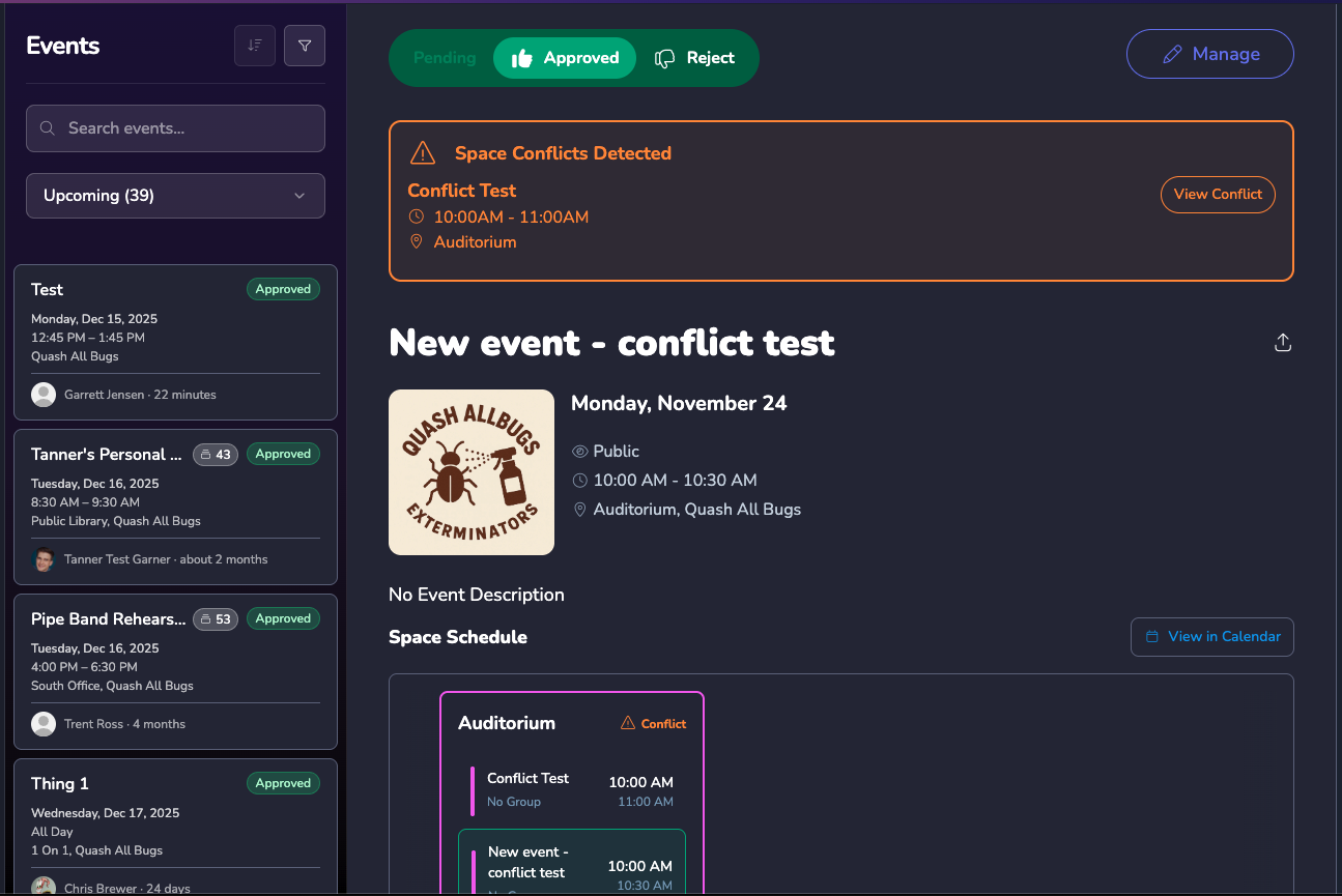 Events tab showing space conflicts detected with detailed conflict information