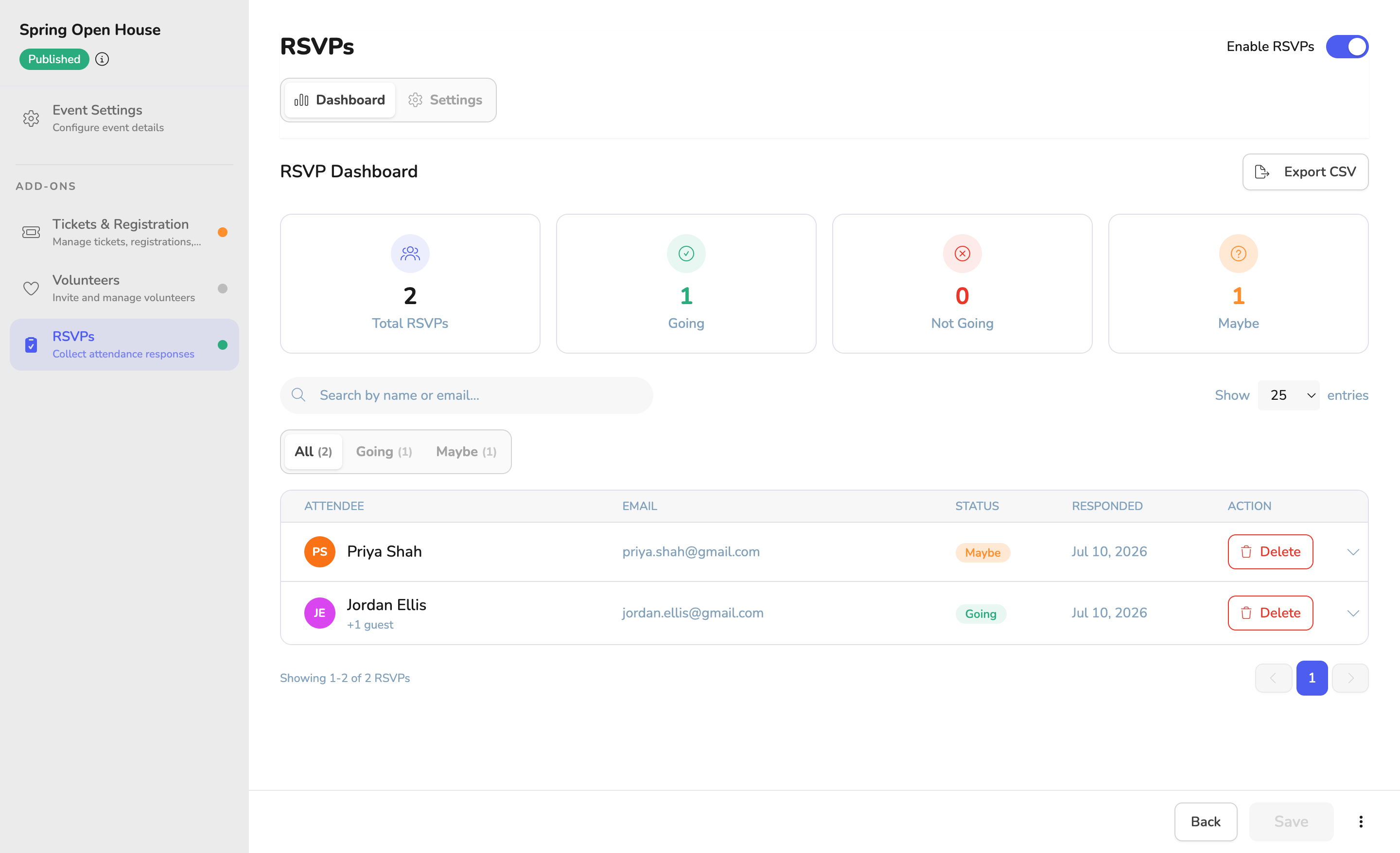 Vega RSVP dashboard with attendance totals and guest list