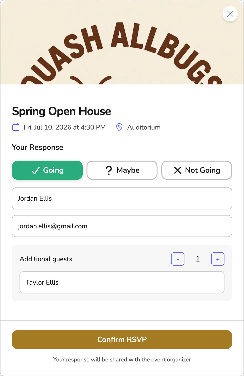 Vega RSVP form with event details and Going/Maybe/Not Going options