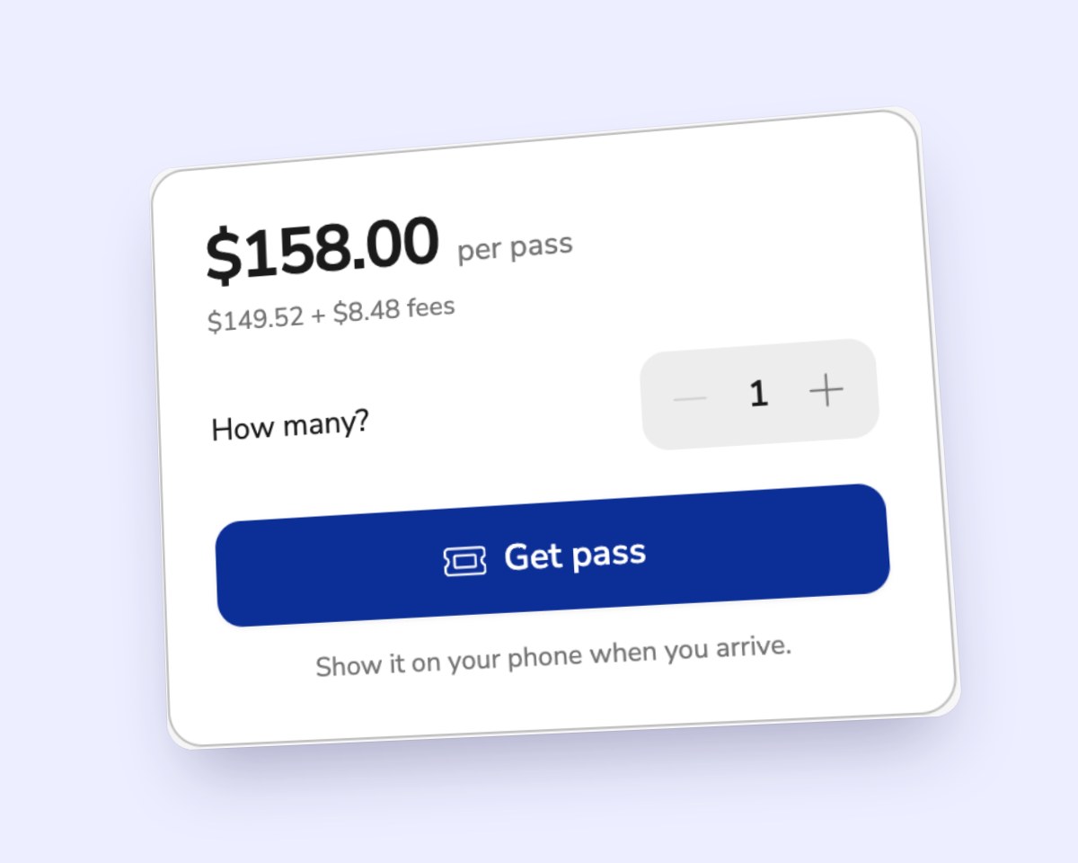 A season pass price with fees, a How many? picker, and a Get pass button