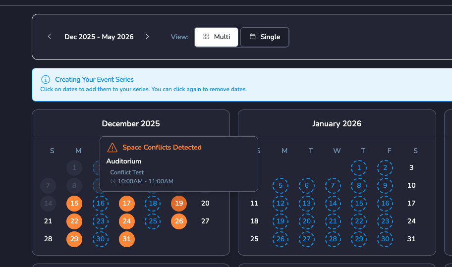 Series conflict modal showing space conflicts detected on hover for calendar dates