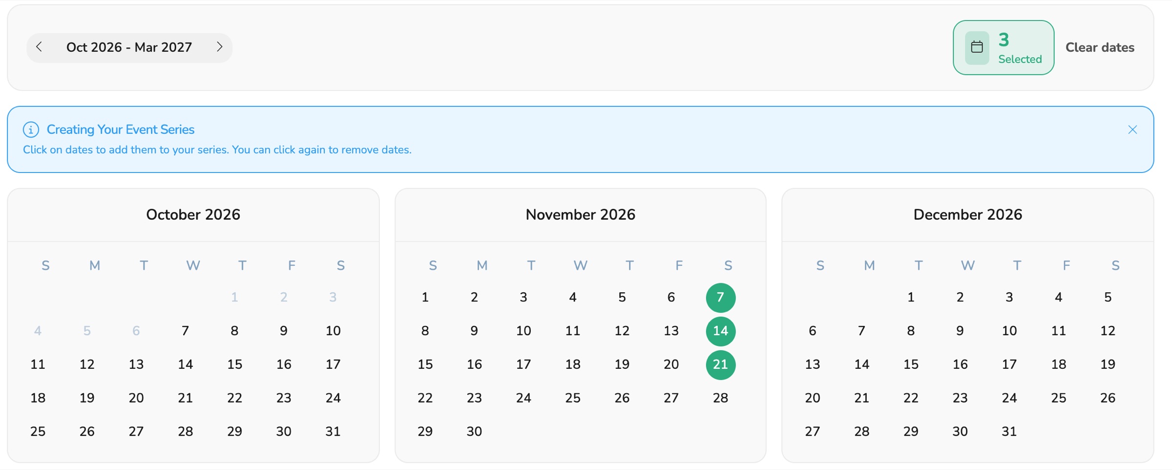 Series Creator with the dates of a series picked on a six-month calendar