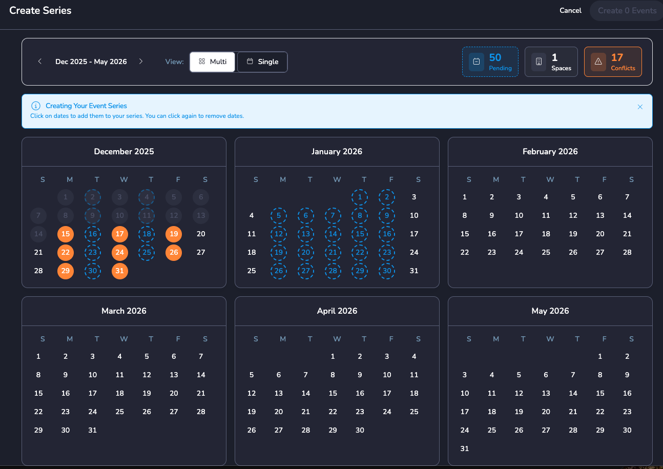 Vega Series Creator showing multi-month calendar with conflict detection and space management