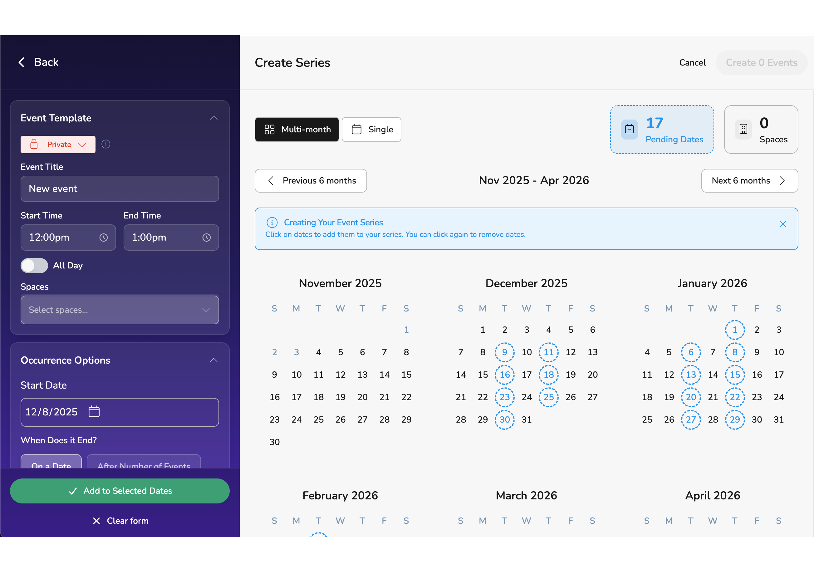 Vega series creator interface showing multi-month event scheduling