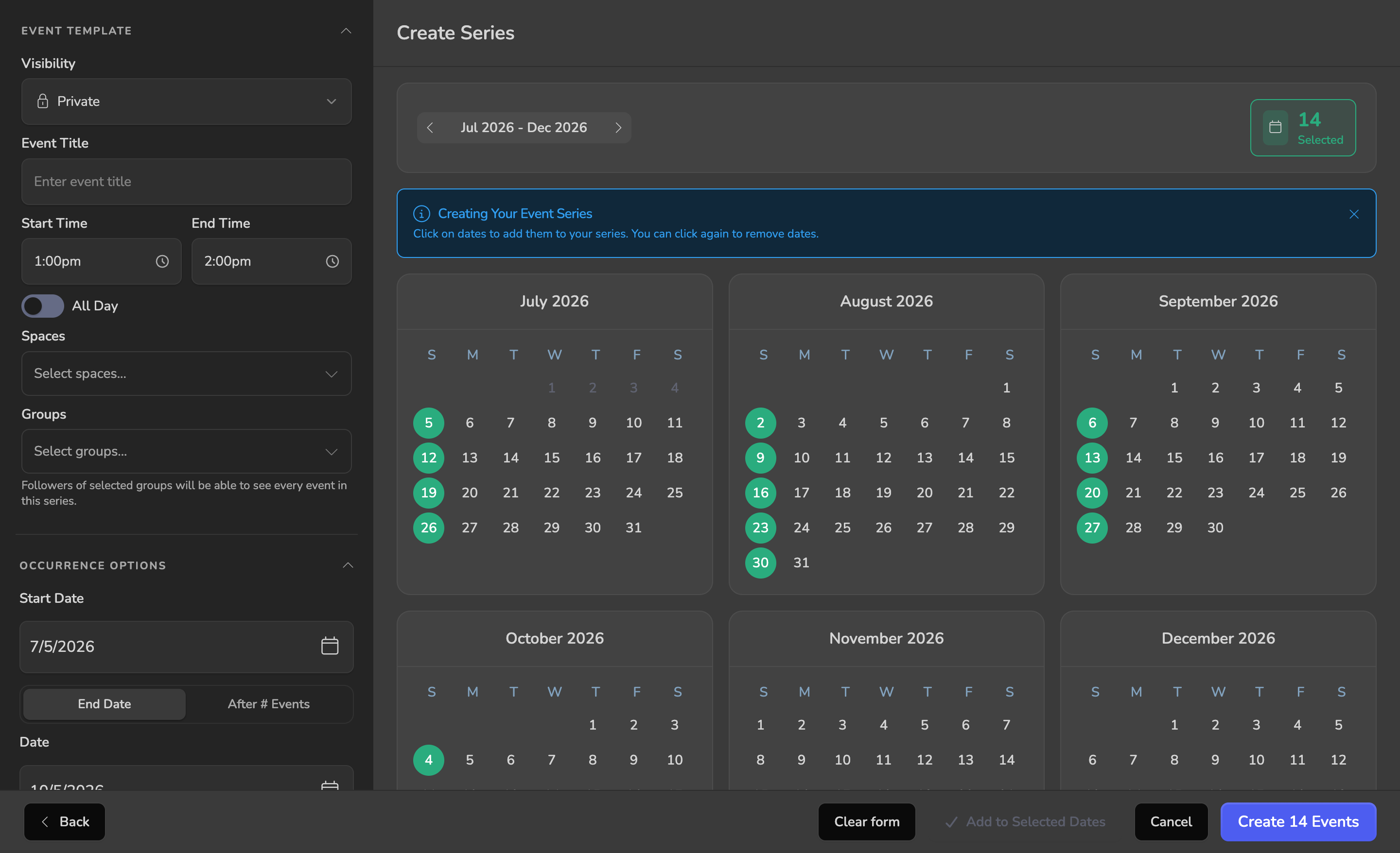 Selected dates ready to create in Vega Series Creator