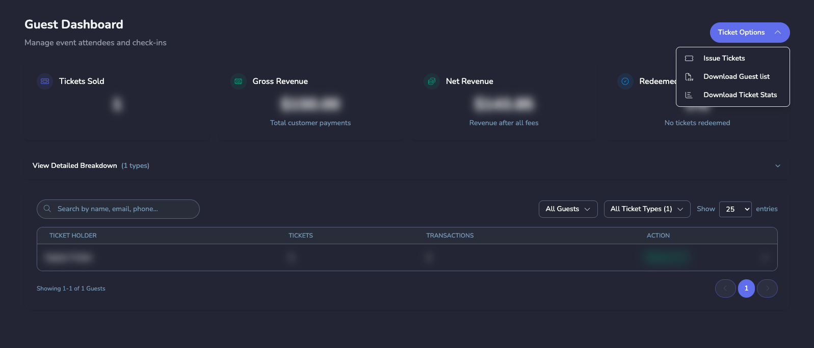 Guest dashboard showing ticket sales, revenue, and guest list management